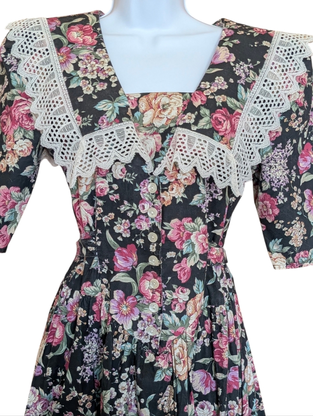 Vintage Robin Gayle Black Floral Midi Dress with Lace Trim Size 5 Cottagecore 80 - Picture 2 of 7